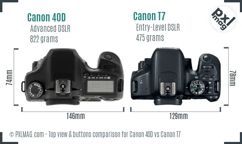 Canon 40D vs Canon T7 top view buttons comparison Canon 40D vs Canon T7 top view buttons comparison