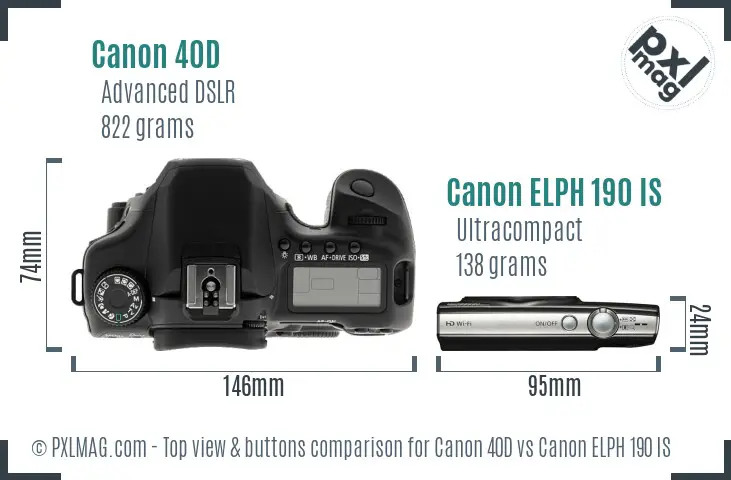 Canon 40D vs Canon ELPH 190 IS top view buttons comparison