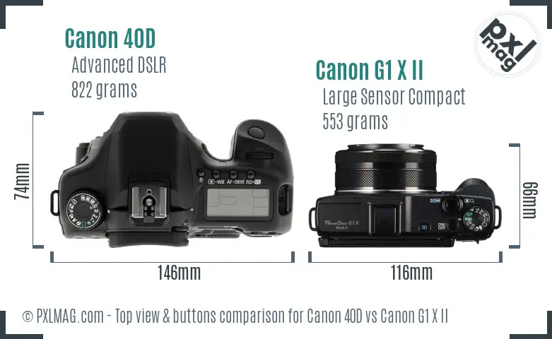 Canon 40D vs Canon G1 X II top view buttons comparison Canon 40D vs Canon G1 X II top view buttons comparison