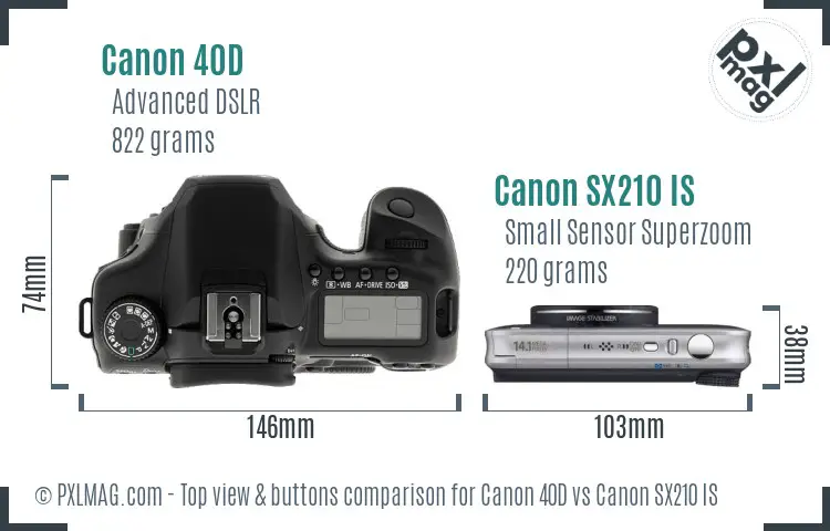 Canon 40D vs Canon SX210 IS top view buttons comparison