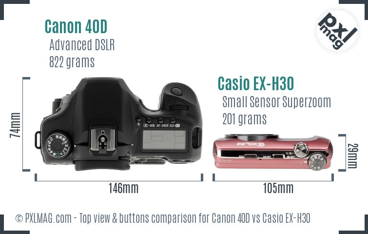 Canon 40D vs Casio EX-H30 top view buttons comparison