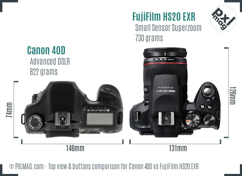 Canon 40D vs FujiFilm HS20 EXR top view buttons comparison