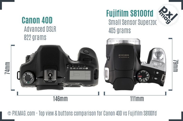Canon 40D vs Fujifilm S8100fd top view buttons comparison