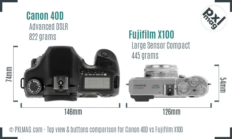 Canon 40D vs Fujifilm X100 top view buttons comparison Canon 40D vs Fujifilm X100 top view buttons comparison