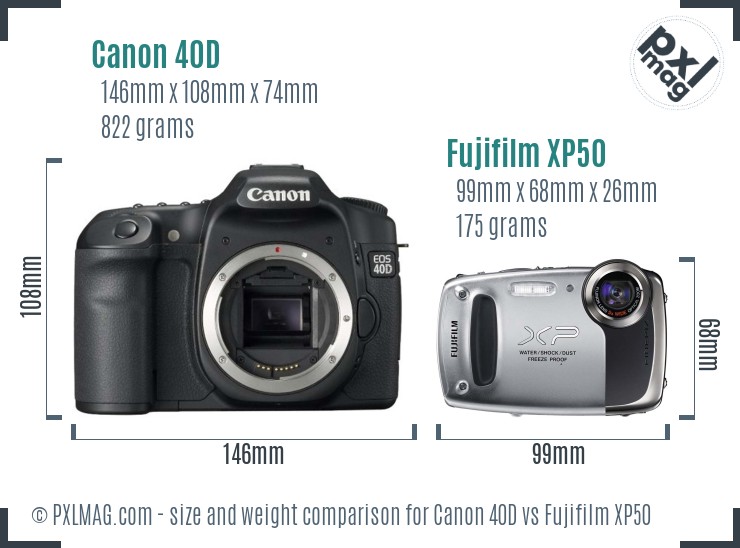Canon 40D vs Fujifilm XP50 size comparison