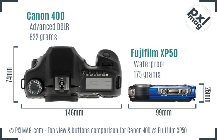 Canon 40D vs Fujifilm XP50 top view buttons comparison