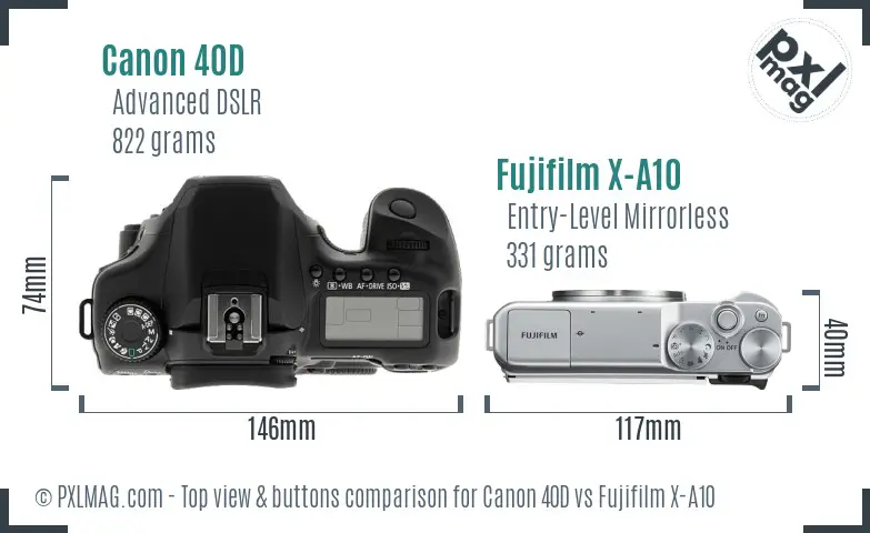 Canon 40D vs Fujifilm X-A10 top view buttons comparison Canon 40D vs Fujifilm X-A10 top view buttons comparison