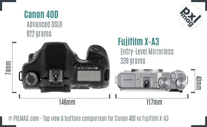Canon 40D vs Fujifilm X-A3 top view buttons comparison Canon 40D vs Fujifilm X-A3 top view buttons comparison