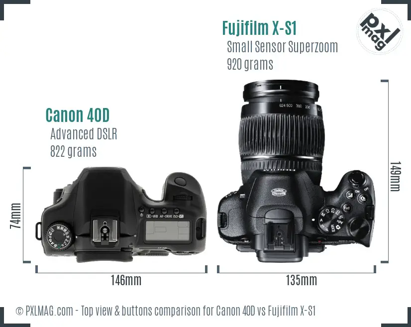 Canon 40D vs Fujifilm X-S1 top view buttons comparison