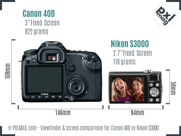 Canon 40D vs Nikon S3000 Screen and Viewfinder comparison
