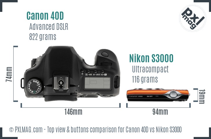 Canon 40D vs Nikon S3000 top view buttons comparison