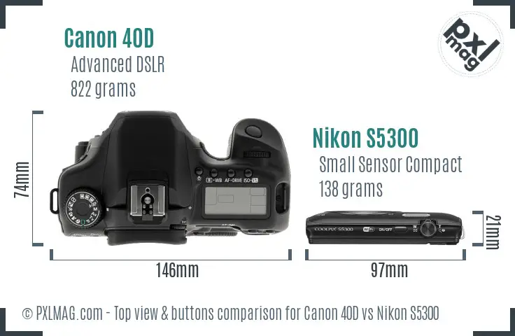 Canon 40D vs Nikon S5300 top view buttons comparison Canon 40D vs Nikon S5300 top view buttons comparison