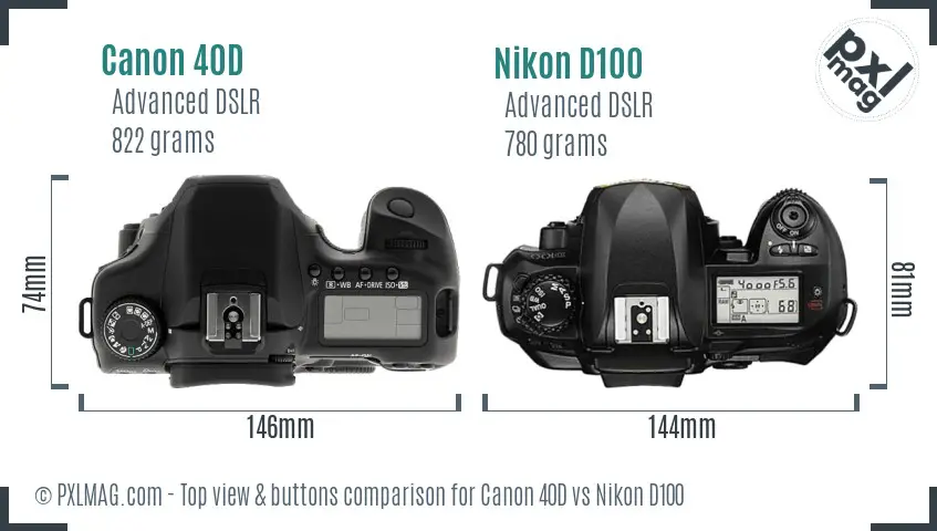 Canon 40D vs Nikon D100 top view buttons comparison