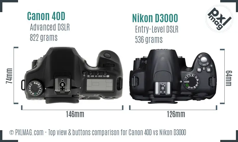 Canon 40D vs Nikon D3000 top view buttons comparison Canon 40D vs Nikon D3000 top view buttons comparison