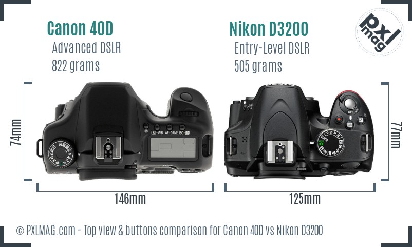 Canon 40D vs Nikon D3200 top view buttons comparison