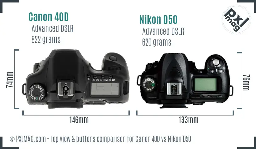 Canon 40D vs Nikon D50 top view buttons comparison