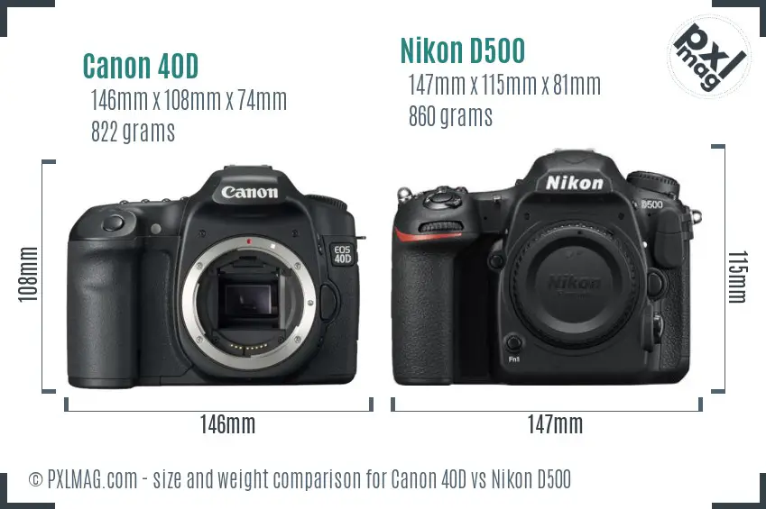Canon 40D vs Nikon D500 size comparison