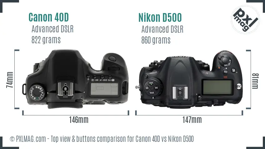 Canon 40D vs Nikon D500 top view buttons comparison