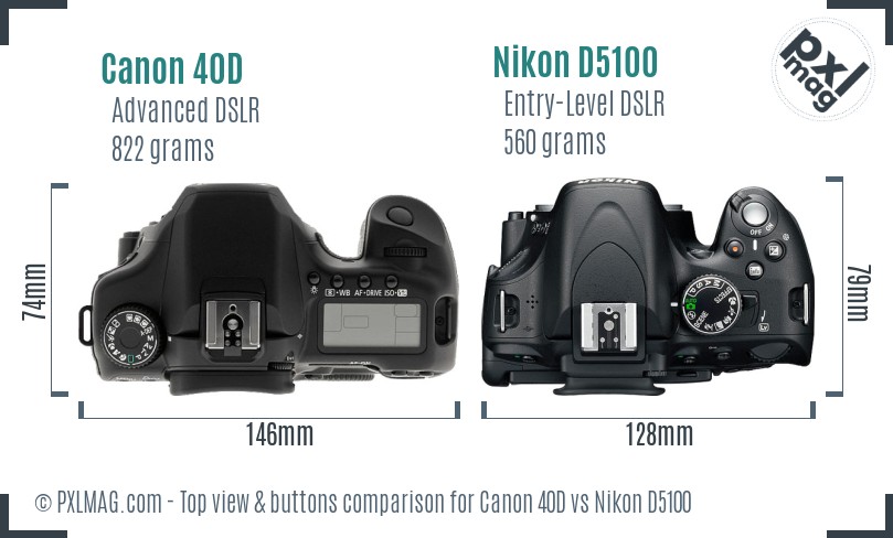Canon 40D vs Nikon D5100 top view buttons comparison