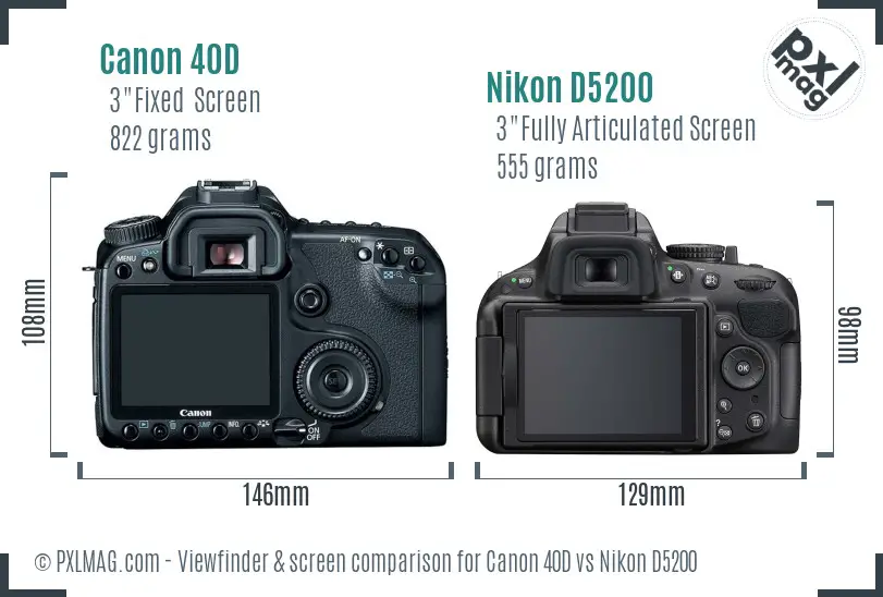 Canon 40D vs Nikon D5200 Screen and Viewfinder comparison