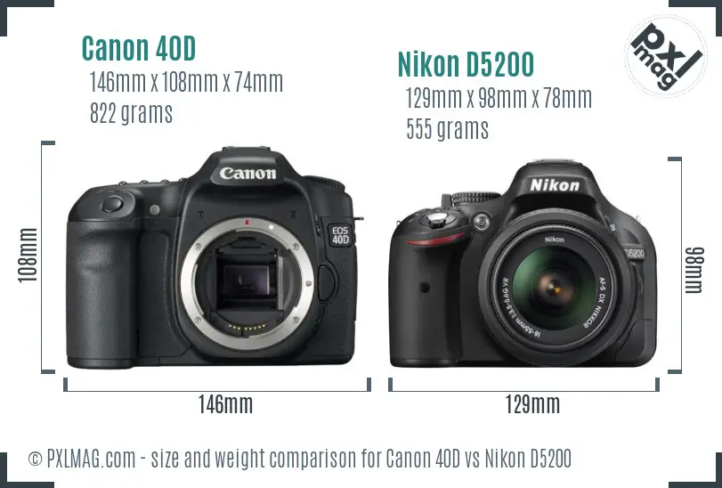 Canon 40D vs Nikon D5200 size comparison