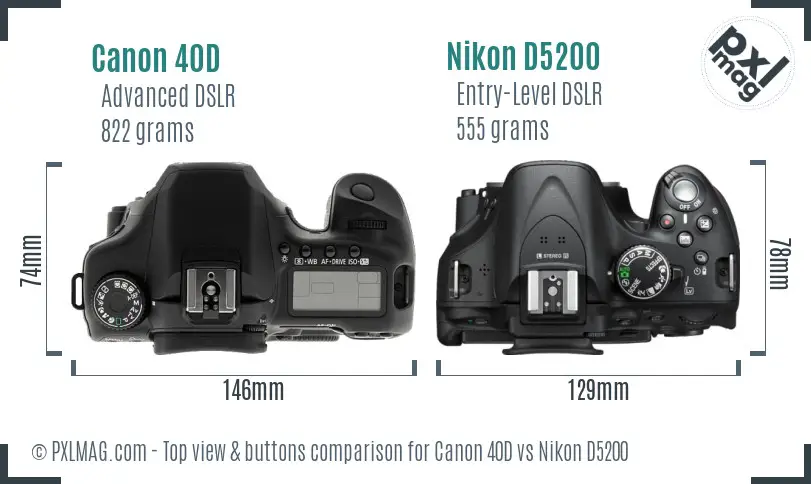 Canon 40D vs Nikon D5200 top view buttons comparison