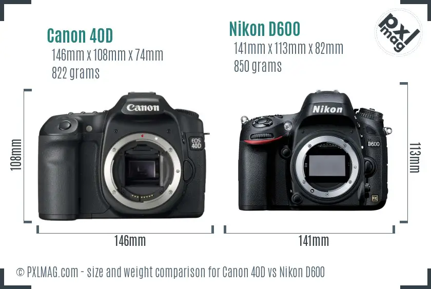 Canon 40D vs Nikon D600 size comparison