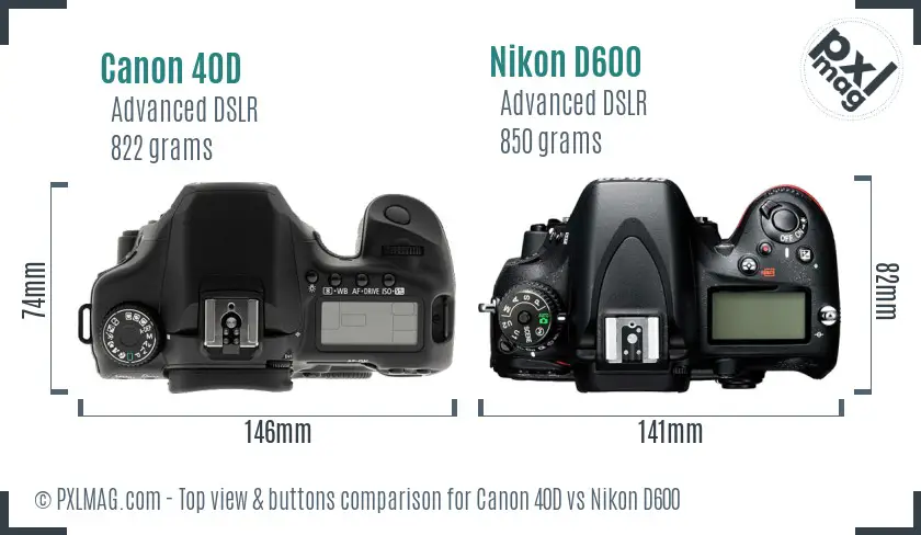 Canon 40D vs Nikon D600 top view buttons comparison