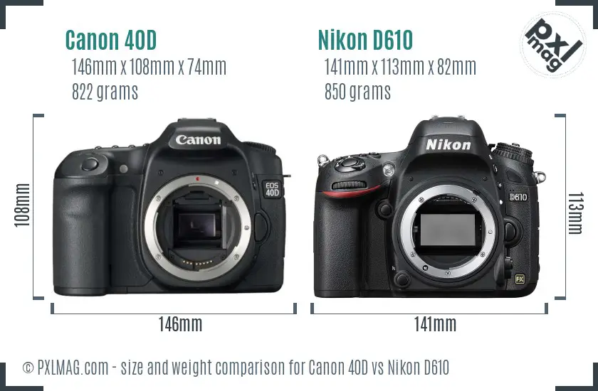 Canon 40D vs Nikon D610 size comparison