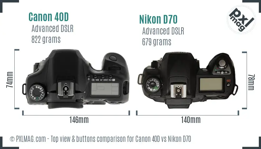 Canon 40D vs Nikon D70 top view buttons comparison
