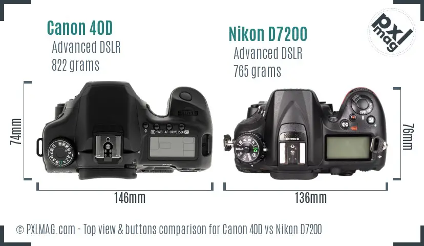 Canon 40D vs Nikon D7200 top view buttons comparison