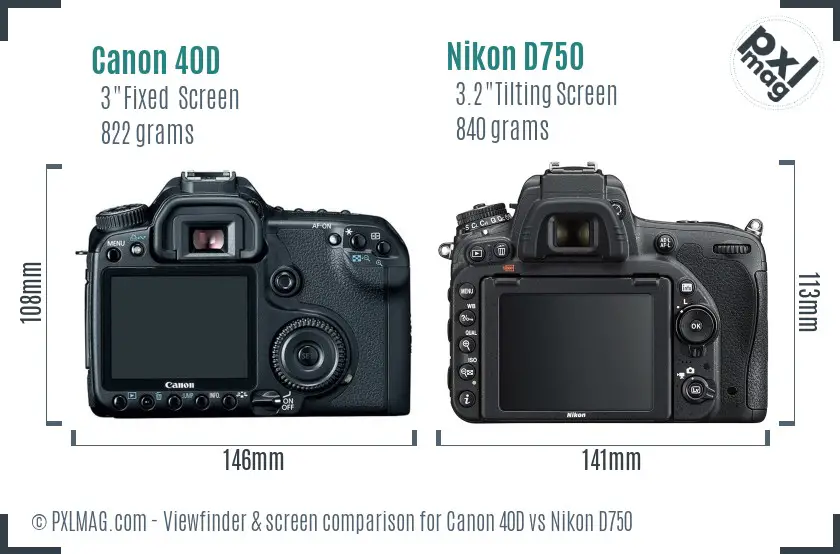 Canon 40D vs Nikon D750 Screen and Viewfinder comparison
