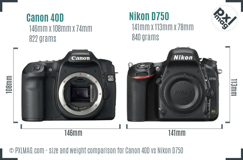 Canon 40D vs Nikon D750 size comparison