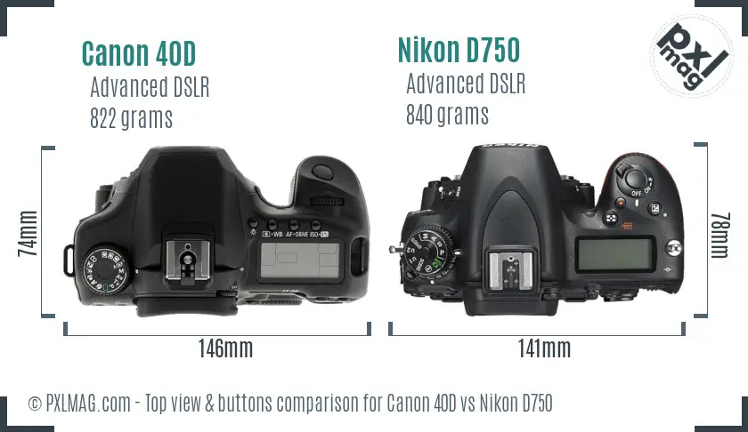 Canon 40D vs Nikon D750 top view buttons comparison