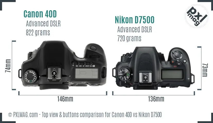 Canon 40D vs Nikon D7500 top view buttons comparison