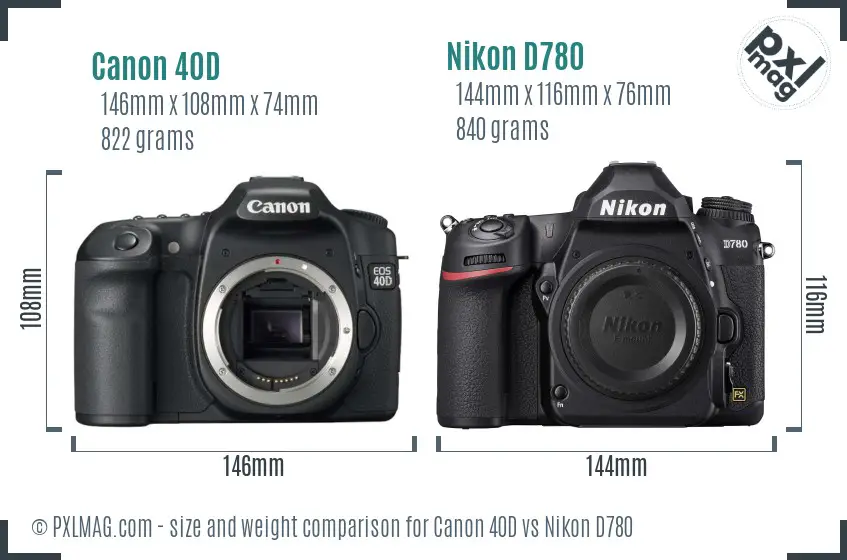 Canon 40D vs Nikon D780 size comparison