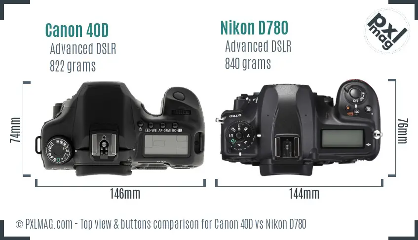 Canon 40D vs Nikon D780 top view buttons comparison