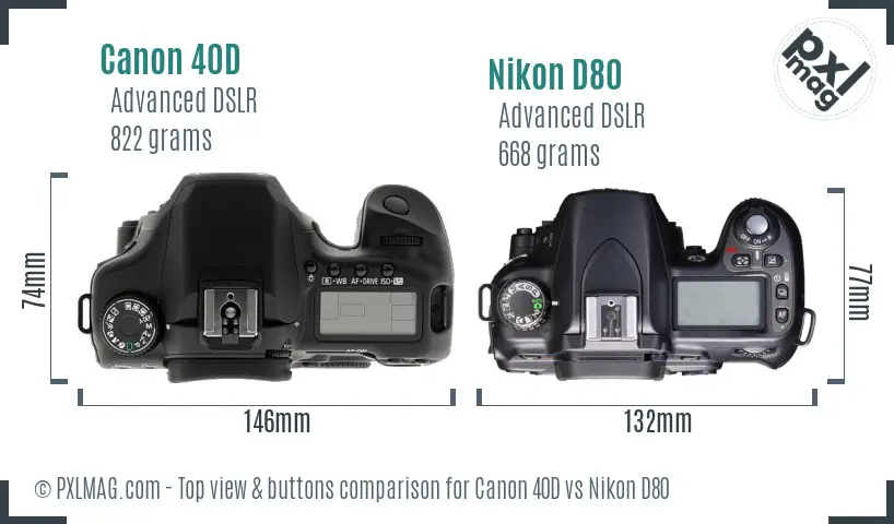Canon 40D vs Nikon D80 top view buttons comparison