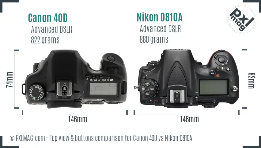 Canon 40D vs Nikon D810A top view buttons comparison
