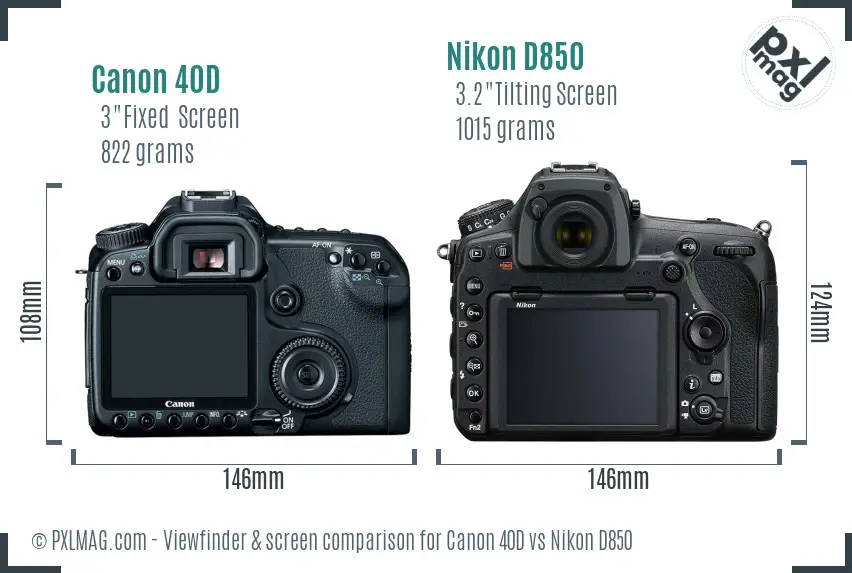 Canon 40D vs Nikon D850 Screen and Viewfinder comparison