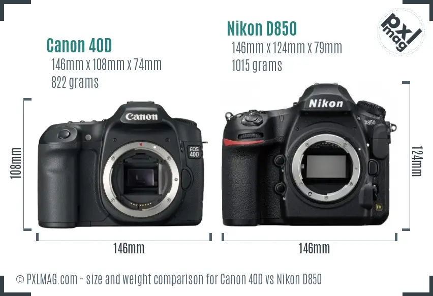 Canon 40D vs Nikon D850 size comparison
