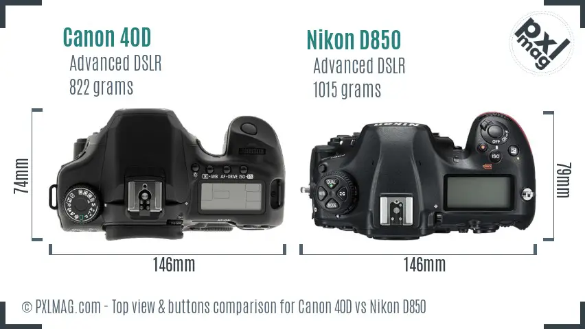 Canon 40D vs Nikon D850 top view buttons comparison