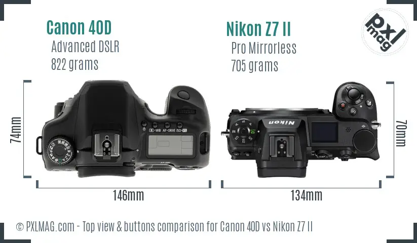 Canon 40D vs Nikon Z7 II top view buttons comparison