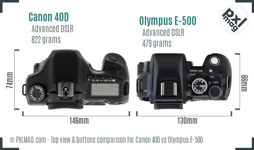 Canon 40D vs Olympus E-500 top view buttons comparison