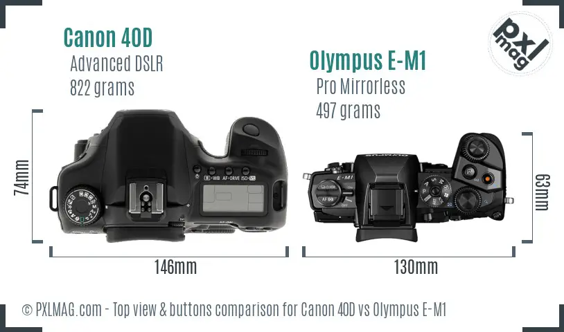 Canon 40D vs Olympus E-M1 top view buttons comparison