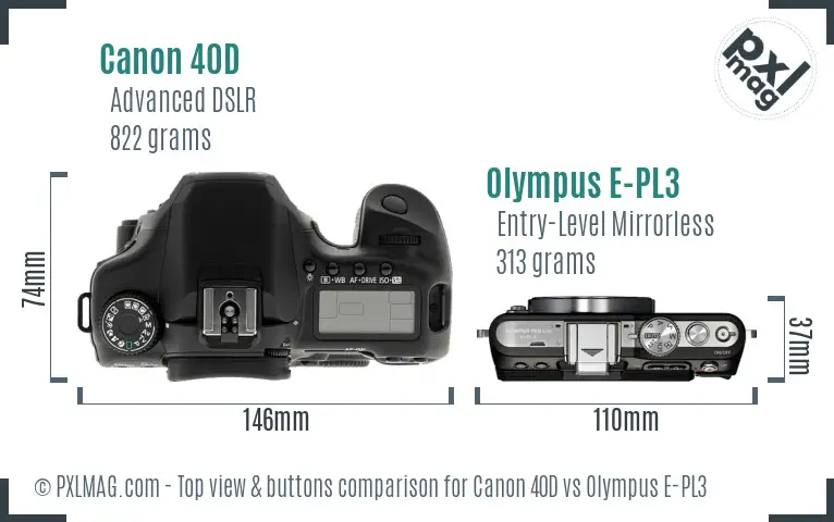 Canon 40D vs Olympus E-PL3 top view buttons comparison Canon 40D vs Olympus E-PL3 top view buttons comparison