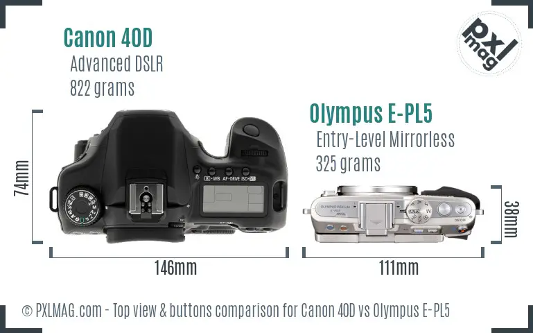 Canon 40D vs Olympus E-PL5 top view buttons comparison