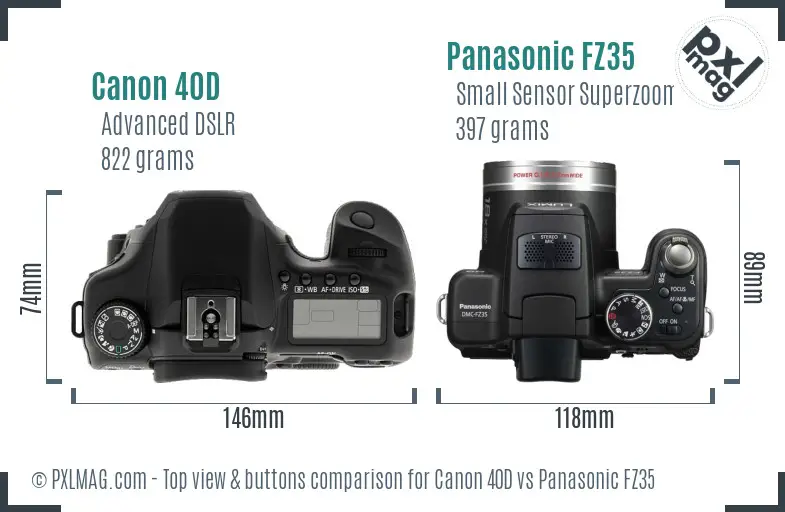 Canon 40D vs Panasonic FZ35 top view buttons comparison Canon 40D vs Panasonic FZ35 top view buttons comparison