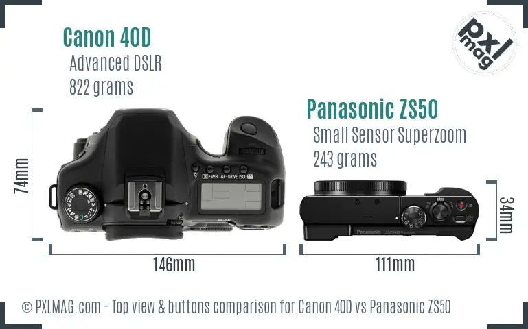 Canon 40D vs Panasonic ZS50 top view buttons comparison Canon 40D vs Panasonic ZS50 top view buttons comparison