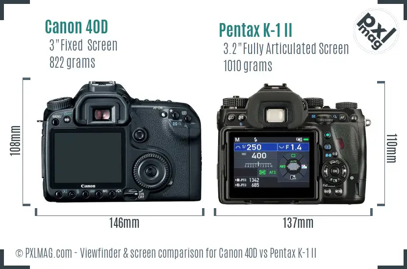 Canon 40D vs Pentax K-1 II Screen and Viewfinder comparison